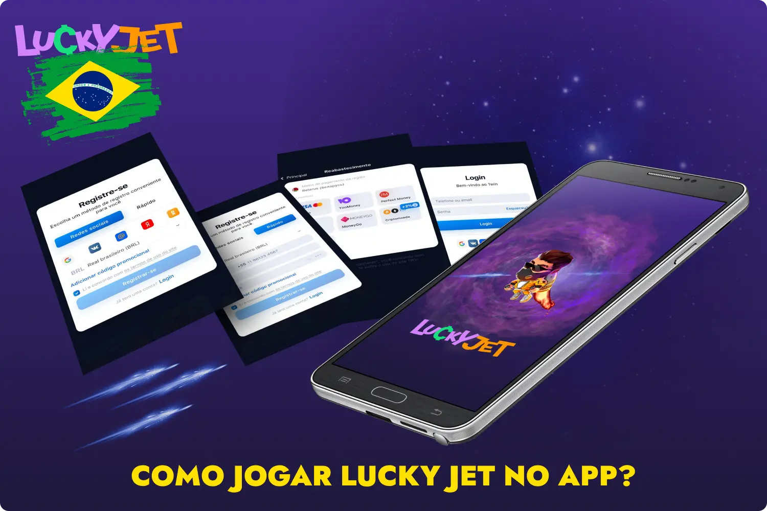 Para descarregar a aplicação Lucky Jet e utilizá-la para apostas e jogos de azar, um utilizador brasileiro tem de criar uma conta e financiar uma conta