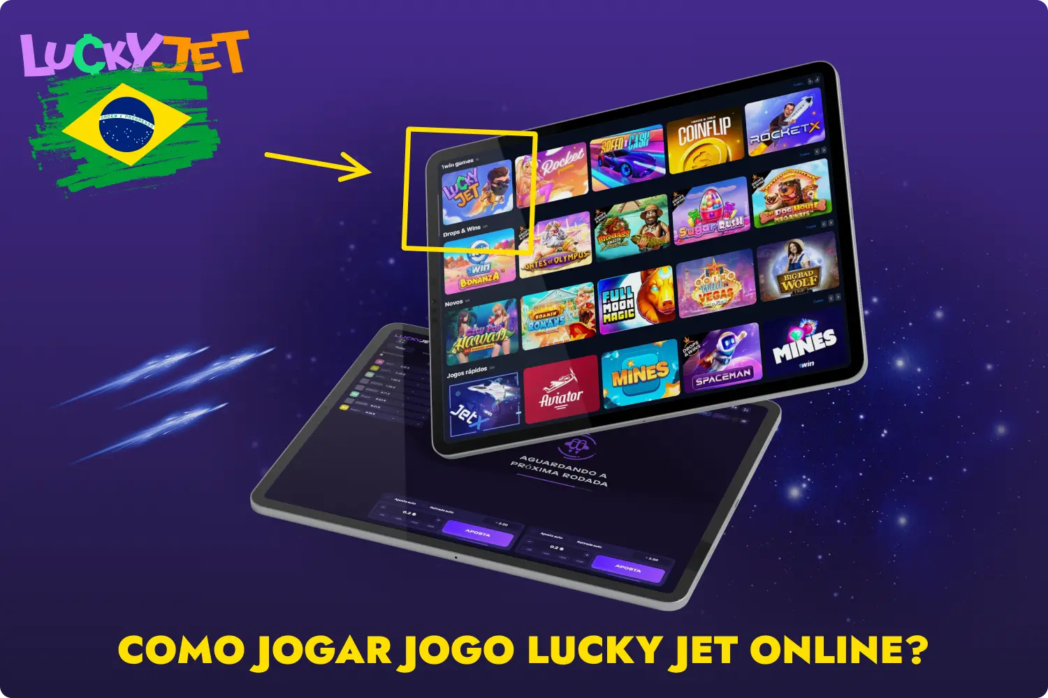 Para jogar Lucky Jet, o utilizador tem de se registar no site 1win e encontrar o jogo na secção de casino