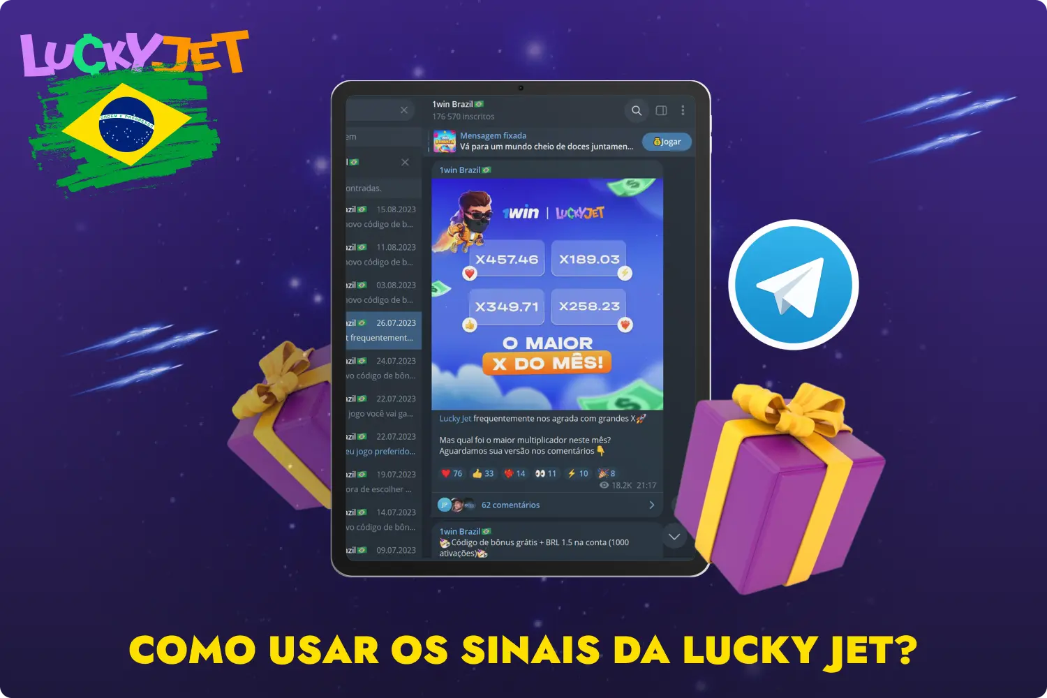 Para que os jogadores brasileiros possam usar os sinais do Lucky Jet para ganhar, eles precisam se conectar ao canal do Telegram 1win Brasil